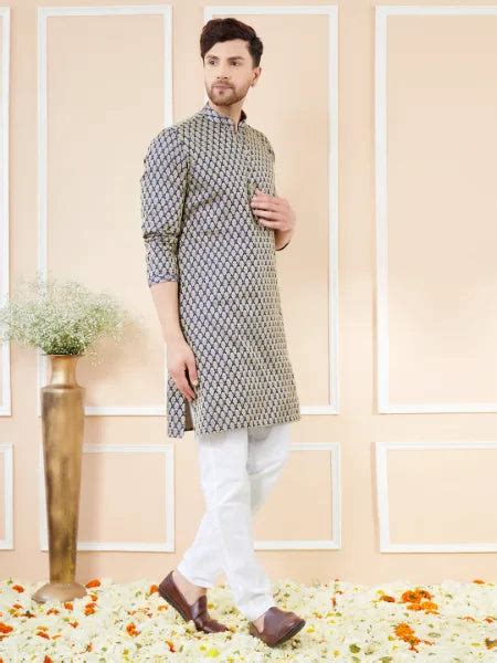 Navy Blue Ethnic Motifs Silk Jacquard Woven Design Straight Kurta with ...