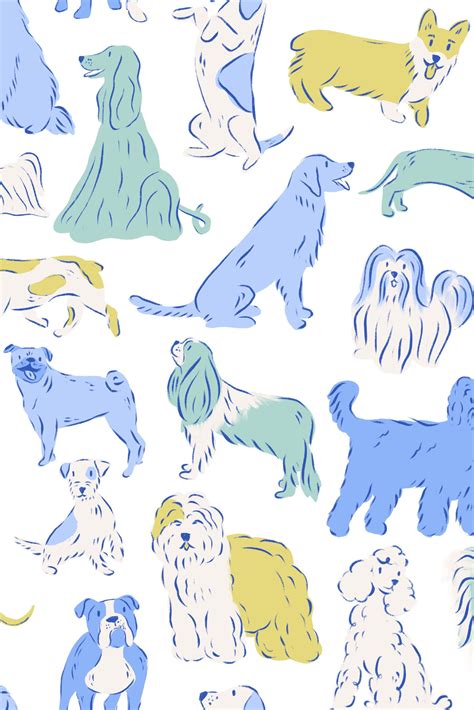 Illustrated Dogs in Blue and Green Pattern | Kunst, Hunde