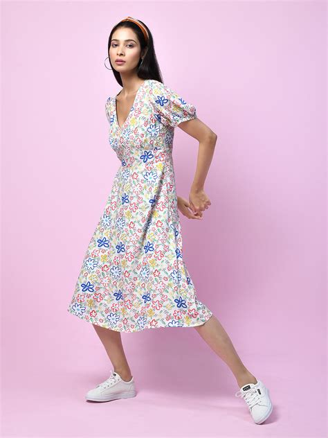 Buy White Quirky Printed Regular Midi Dress for Women - Zink London