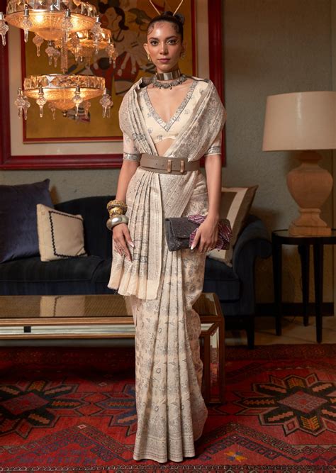 Buy Kashmiri Silk Cream Saree Online Shopping India & USA – Sunasa