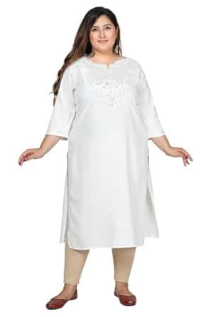 PACIFY Plus Size White Embroidered Solid Print Cotton Blend Straight ...