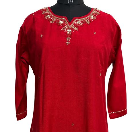 Red Radiance Handcrafted Neckline in Sleek Fit Kurti