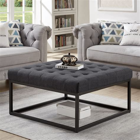 24KF Middle Century Upholstered Tufted Coffee Table with Linen Padded ...