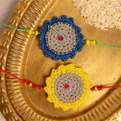 Buy Handmade Crochet Blue & Yellow Seher Rakhi With Roli Chawal | Set ...