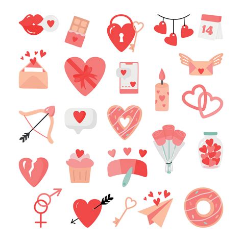 Vector illustration with cute stickers pack in cartoon style with love symbols for valentine's ...