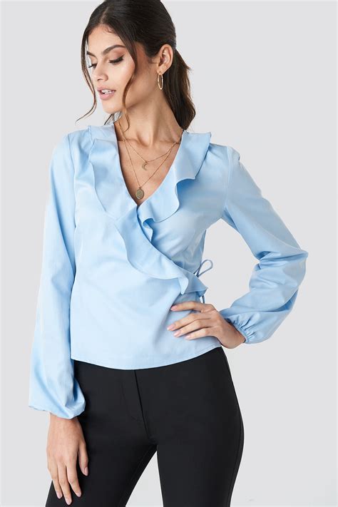 Frilled Neck Wrap Blouse Light Blue | na-kd.com