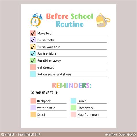 Printable Before School Checklist, Editable Morning Reminders for Kids – Scribbled LLC