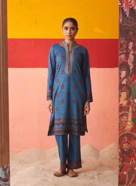Azure Printed Woollen Kurta Set with Zari Work and Stone Work – Lakshita