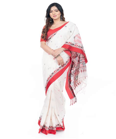 White red handloom cotton tangail saree – GoSwadeshi