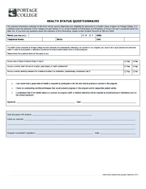 Fillable Online HEALTH STATUS QUESTIONNAIRE - Portage College Fax Email ...