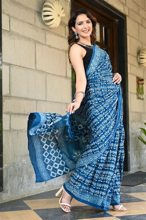 Indigo kamal booti block print pure cotton saree – Jaipur Tex