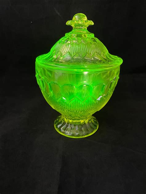 Antique Uranium Glass Covered Candy Dish Vaseline Glass Canary Glass ...