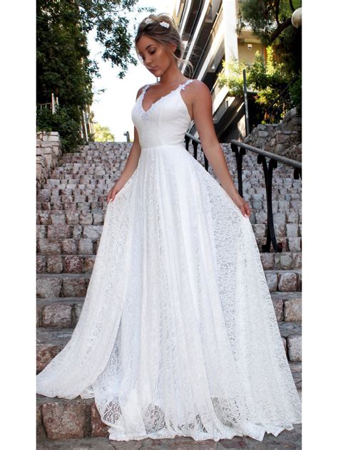 Wholesale Lace V-neck Floor Length Long White Evening Dress EYG122105WI ...