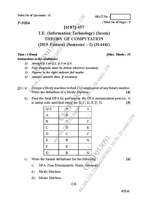 Theory of Computation (IT) Insem Exam Paper - Sep 2023 - Studocu