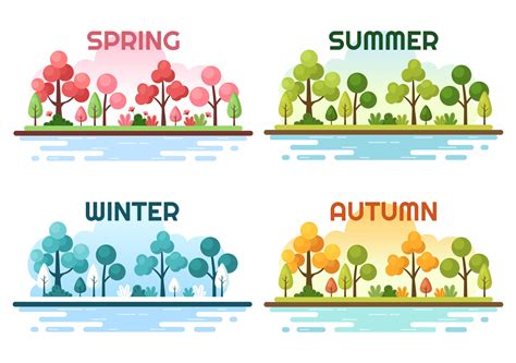 paisaje de las cuatro estaciones de la naturaleza con paisaje primavera, verano, otoño e ...