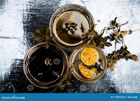 Close Up of Fresh Leaves of Holy Basil with Raw Honey and Lemon Juice the Home Remedy To Cure ...