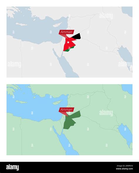 Jordan map with pin of country capital. Two types of Jordan map with neighboring countries ...