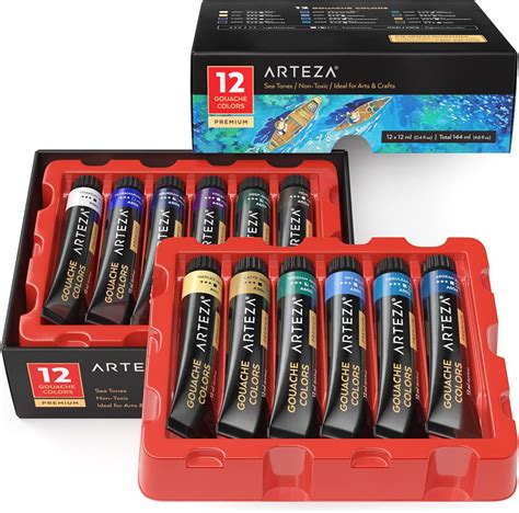 ARTEZA Gouache Paint, Set of 12, Sea Tones, 0.4 US fl oz Gouache Paint