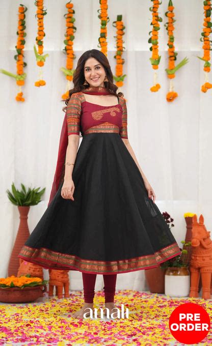Chettinad Cotton Anarkali - Black and Maroonish Red - PRE ORDER ...