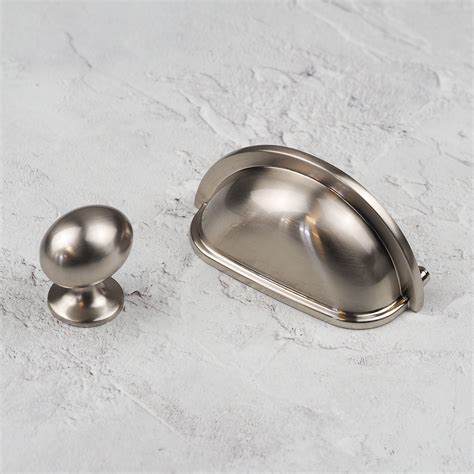 Brushed Nickel Cabinet Cup Handle with 76mm Hole Centres & Oval Knob ...