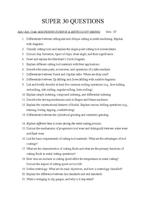 MSM Super 30 - Important Questions for Machining Science BME402 - Studocu