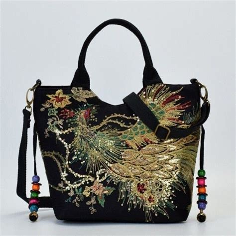 Shiny Peacock Embroidered Tote Bag | Handcrafted Canvas Tote Bag ...