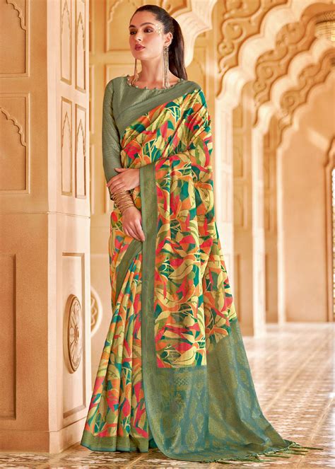 Buy Asparagus Green and Yellow Floral Printed Cotton Silk Saree Online ...