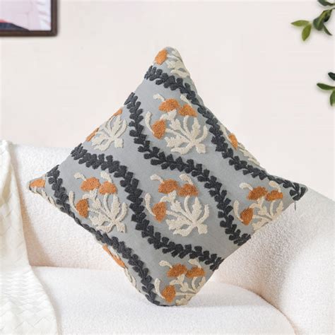 Tufted Embroidery Botanical Linen Cushion Cover 16x16 Inch Online ...