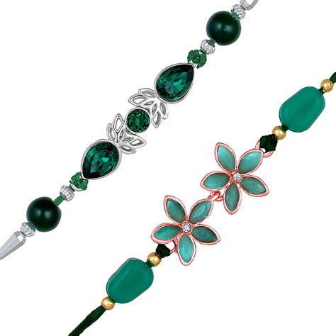 Mahi Combo of Two Beautiful Rakhis with Green and White Crystals for ...