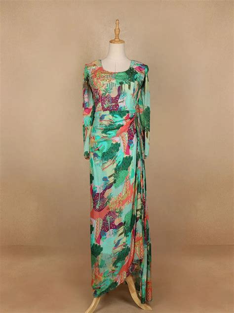 Green Abstract Printed Crepe Gown