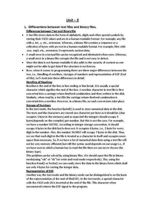 Text files and binary files - Unit – 5 1. Differentiate between text ...