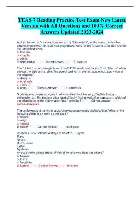 TEAS 7 Reading Practice Test Exam New Latest Version with All Questions ...