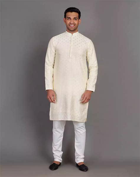 Raw Silk Cream All Over Silver Bootis Kurta Pyjama Set – South India ...