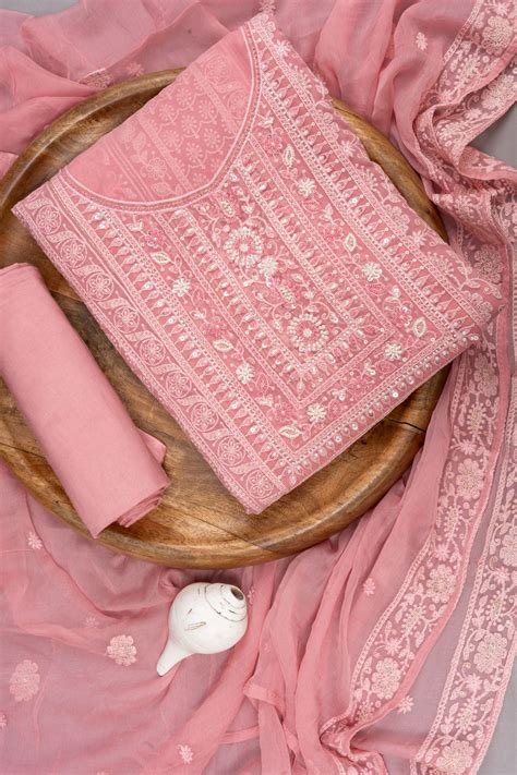 Gajari Georgette Unstitched Suit With Chiffon Dupatta – Panna Sarees