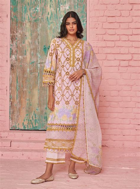Mulmul Cotton Printed Poema Pink Kurta With Mulmul Cotton Poema Pink P