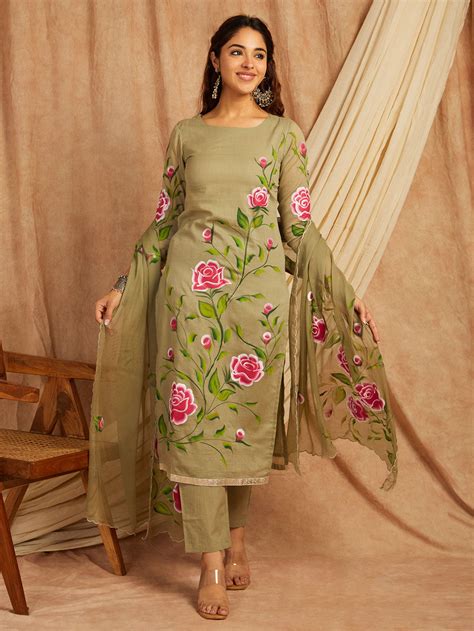 Blue Printed Cotton Suit - Set of 3