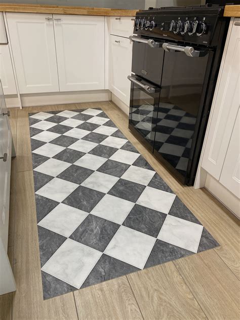 Checkerboard Vinyl Runner Rug in Black and White Marble Tile - Etsy UK