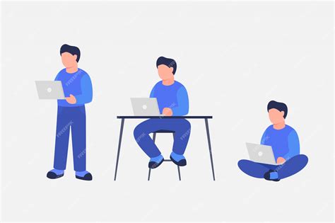 Praca człowieka za pomocą laptopa z różnych pozycji stojącej siedzieć i ...