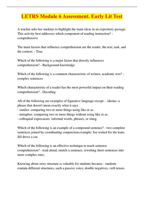 LETRS Module 6 Assessment. Early Lit Test - LETRS Module 6 Assessment ...