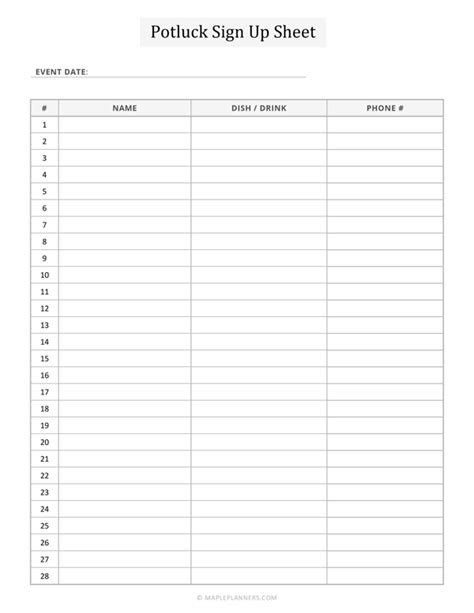 Free Printable Potluck Sign-Up Sheet Template
