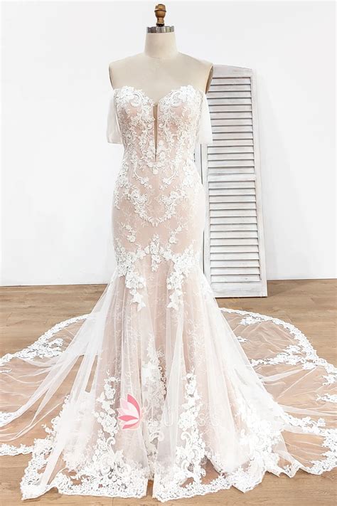 Amazing Nude Lining with White Floral Lace Bridal Dress - Lunss