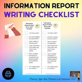 Information Report Writing Checklist by Light Bulb Moments in the Classroom
