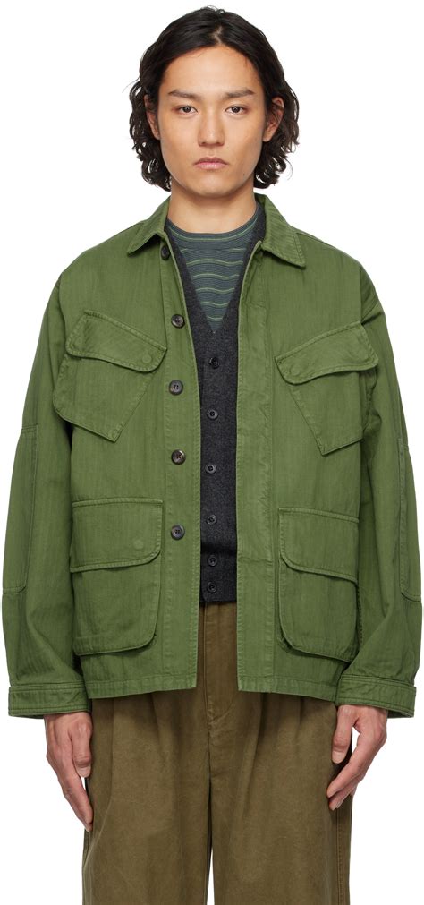 Drake's Green Herringbone Cotton Jungle Jacket Drake's