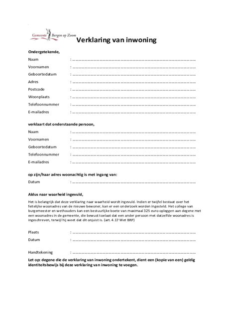 Verklaring van Inwoning Form - Leeg Invulbare Sjabloon | Vul In, Print ...