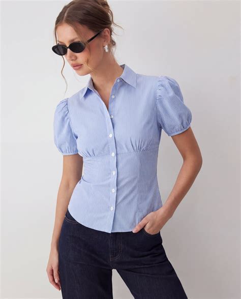Blue Striped Puff Sleeve Fitted Shirt – Oyela