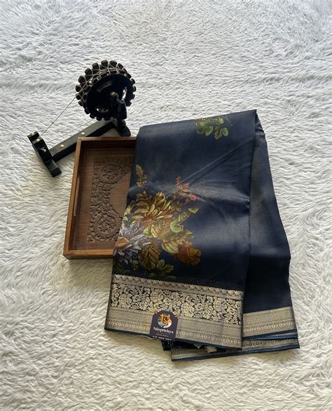 Satin Georgette Saree Ink Blue Color Paired with a Zari Border ...