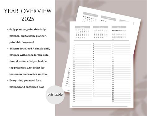 Daily planner | printable | digital daily planner | Year overview 2025 ...
