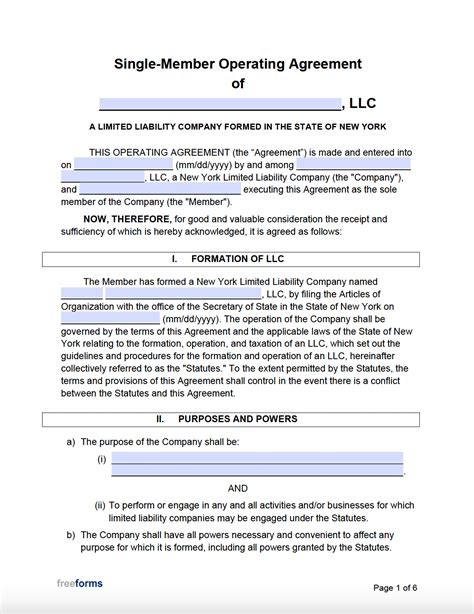 Free New York Single-Member LLC Operating Agreement Form | PDF | Word