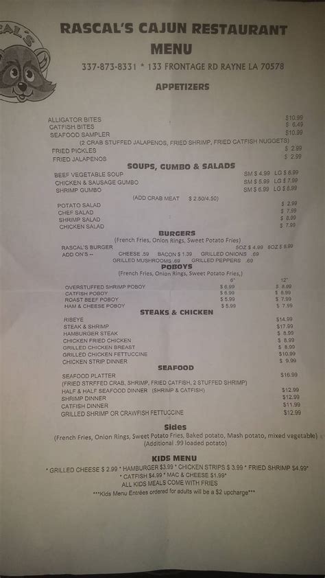Menu at Rascal's Cajun Restaurant, Rayne