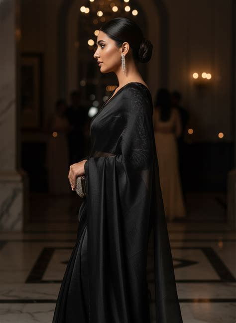 Jet Black Color Fandy Saree with Velvet Blouse for Elegant Evening ...